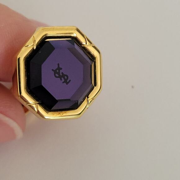 Yves Saint Laurent YSL Gold Purple Tone Rectangle Logo Cufflinks Tie Pin Set - Picture 5 of 7